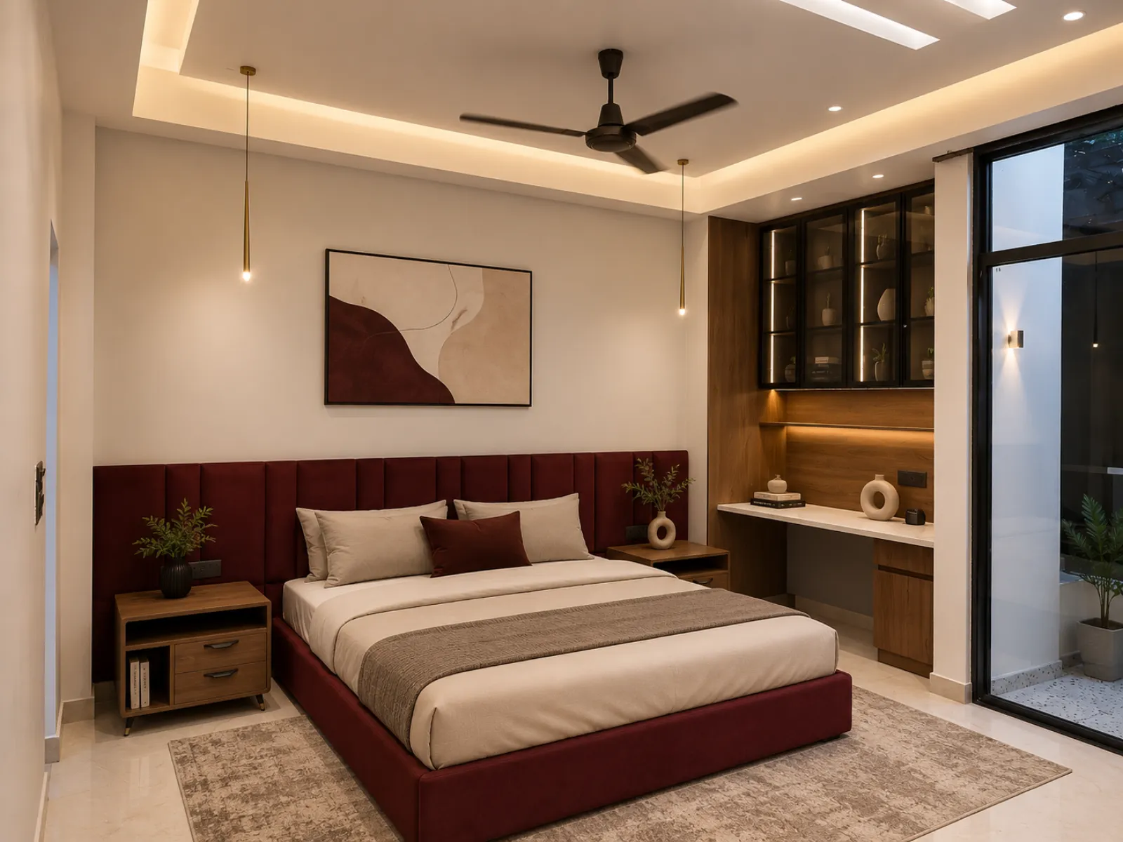 Bedroom with a burgundy channel-tufted headboard and a built-in study nook