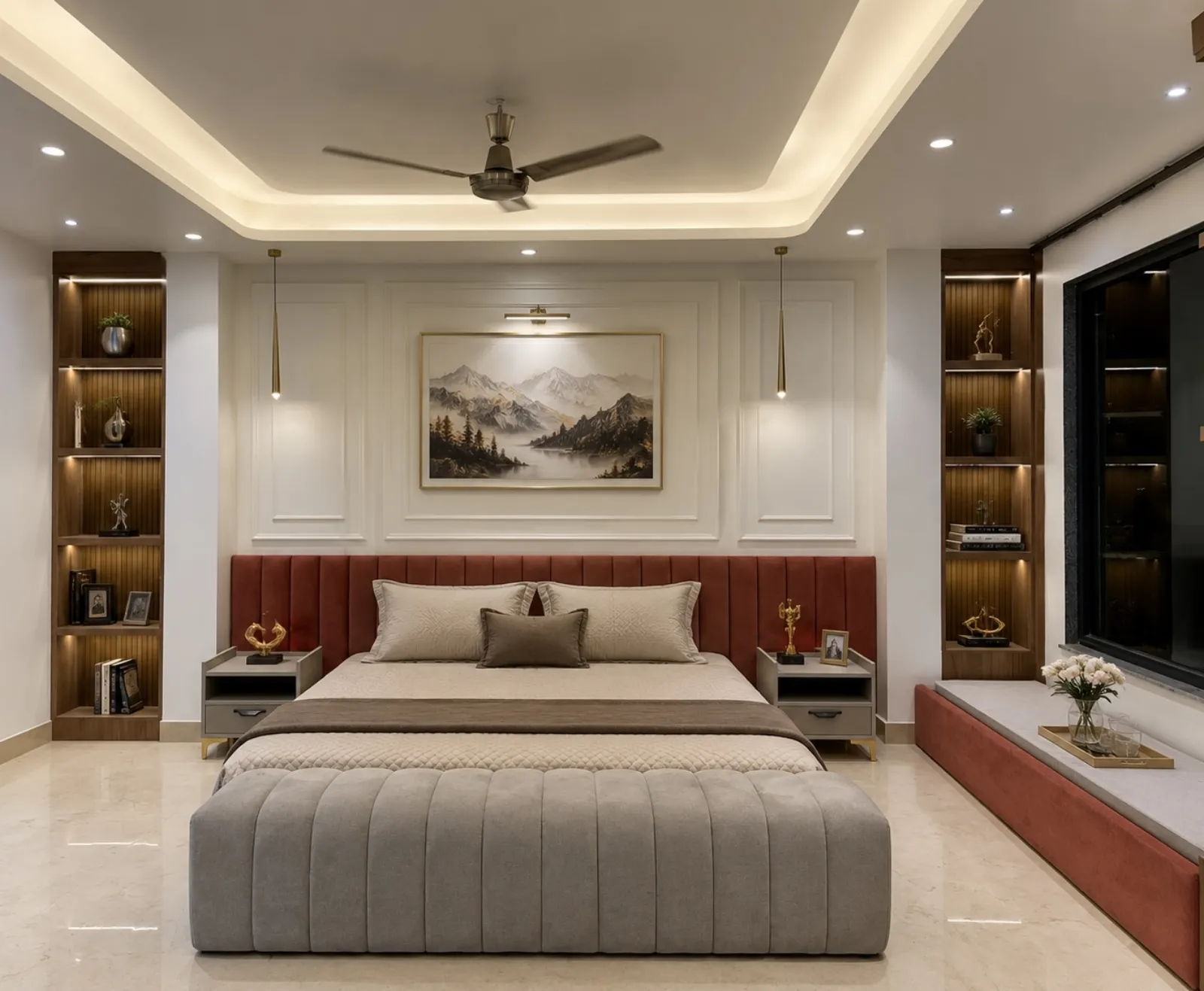 Bedroom with a terracotta upholstered headboard, twin bookshelves and mountain artwork