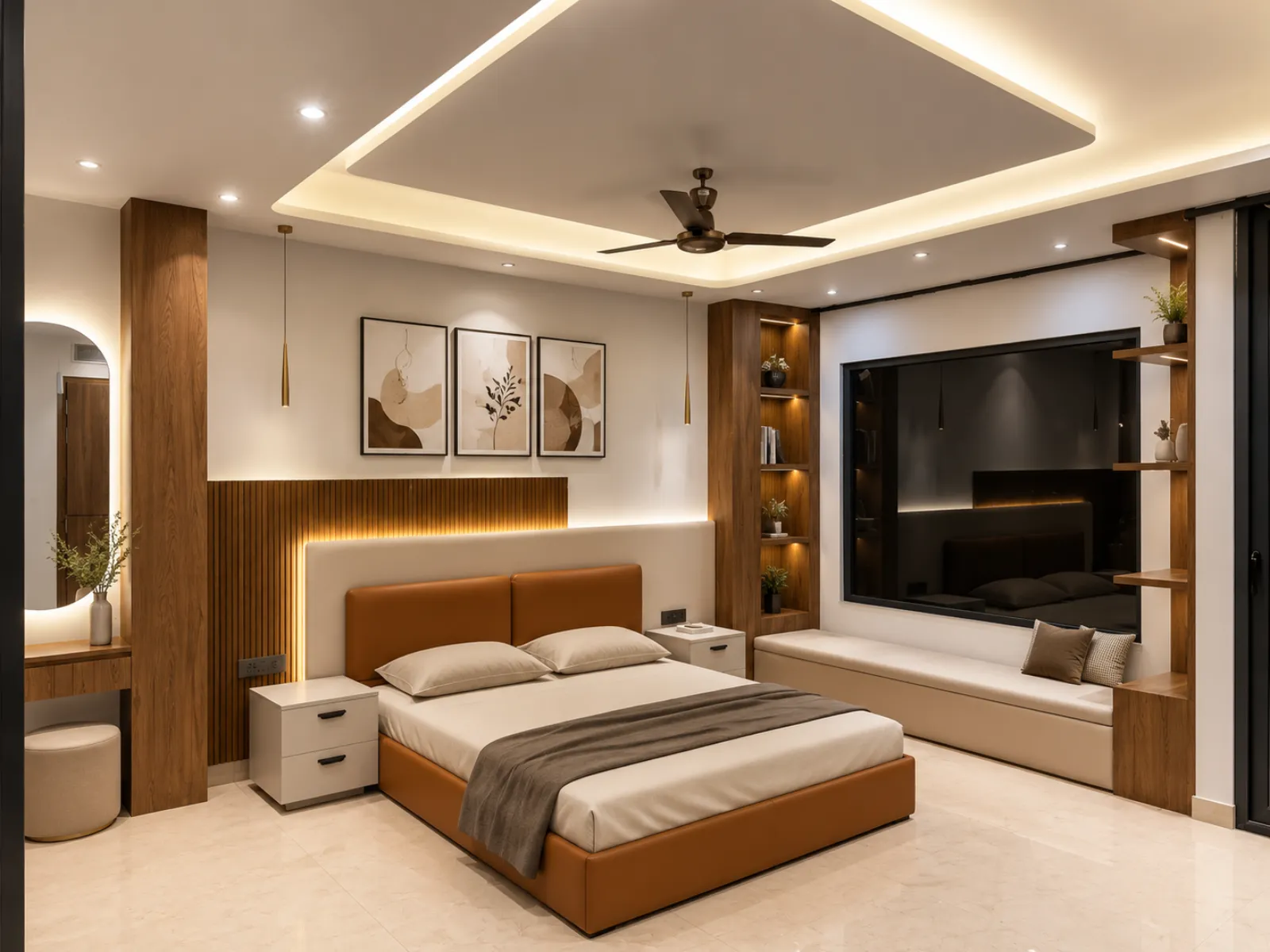 Bedroom with walnut wall panelling and a tan leather upholstered bed