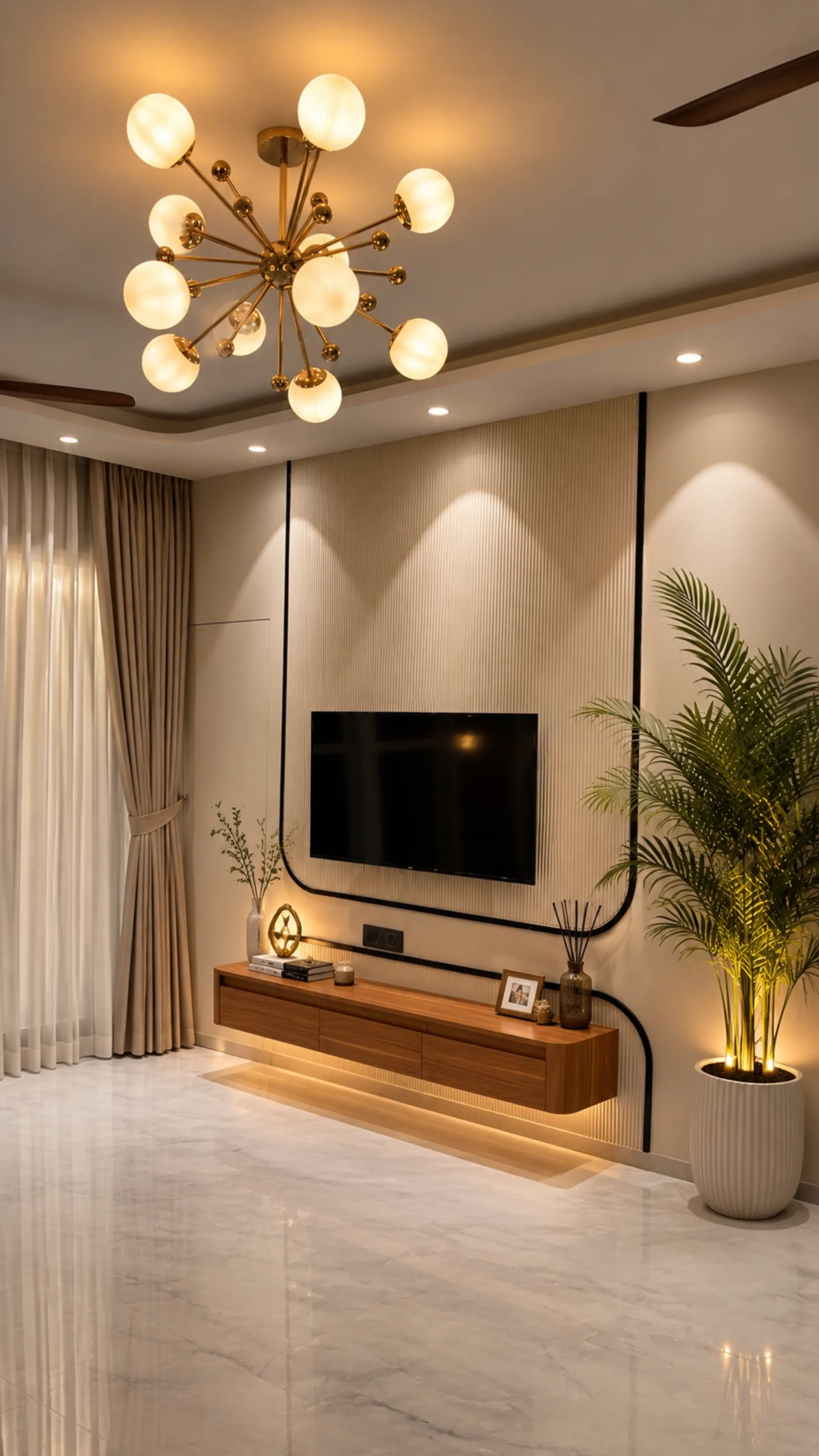 Living room with a brass sputnik chandelier, fluted feature wall and floating walnut console