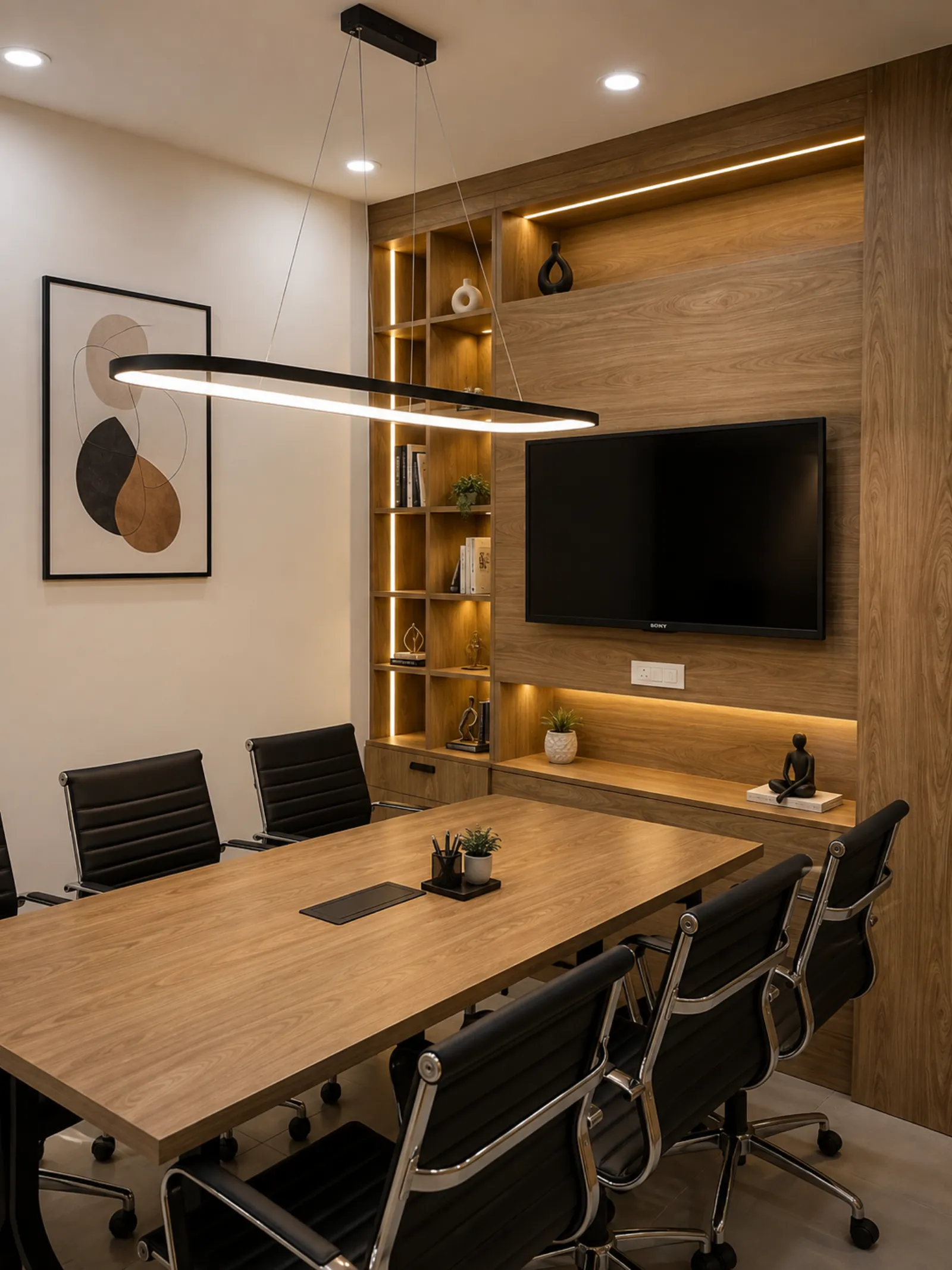 Conference room with a walnut-panelled television wall and leather boardroom chairs