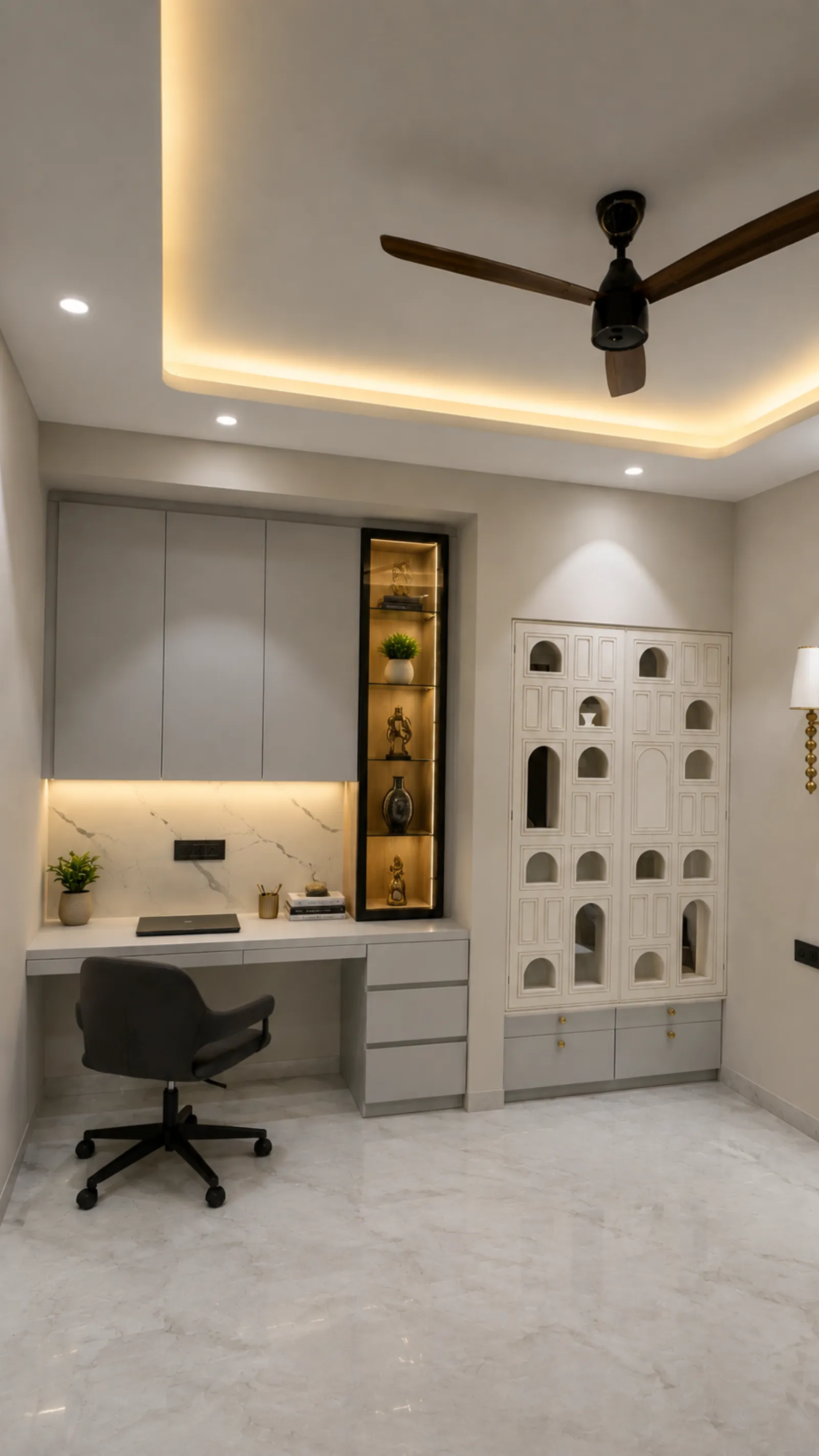 Study with a carved jaali-style wardrobe and built-in desk