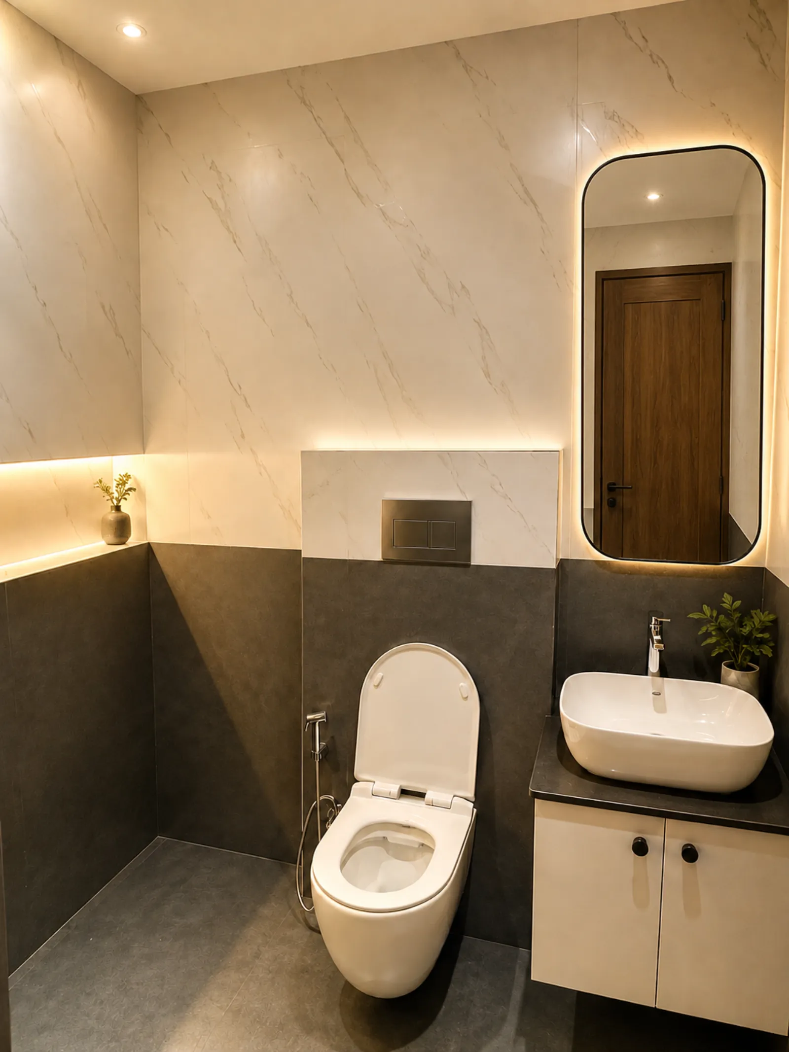 Marble bathroom with a backlit arched mirror